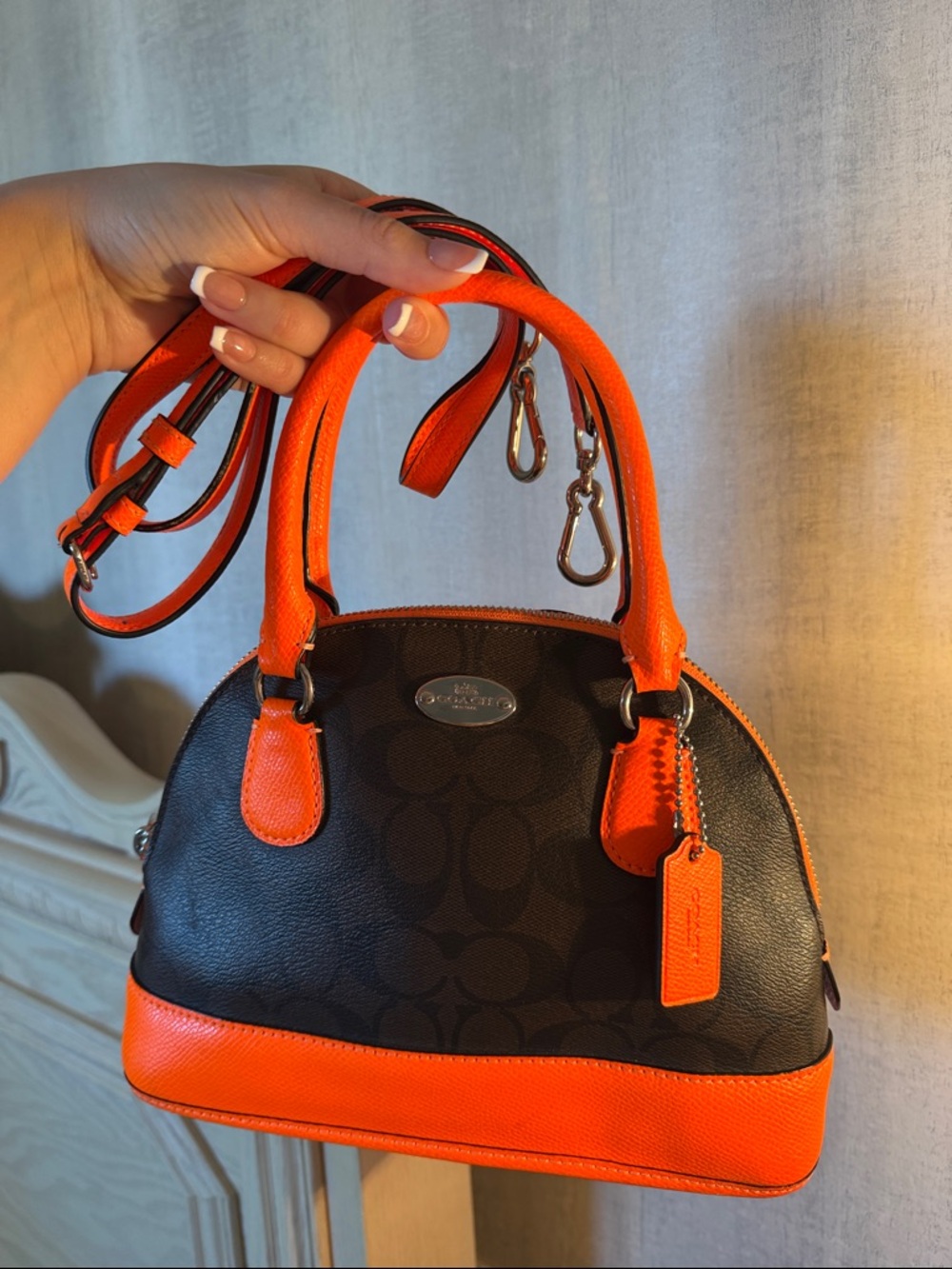 Coach Black Signature Dome Satchel with Bright Orange Trim
